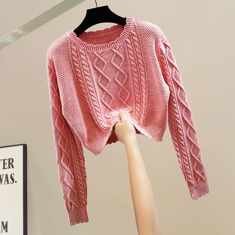 

Модный цветной свободный вязаный свитер с длинными рукавами, простой дизайн, классический стиль, удобный для повседневной носки, укороченный, надевается через голову.