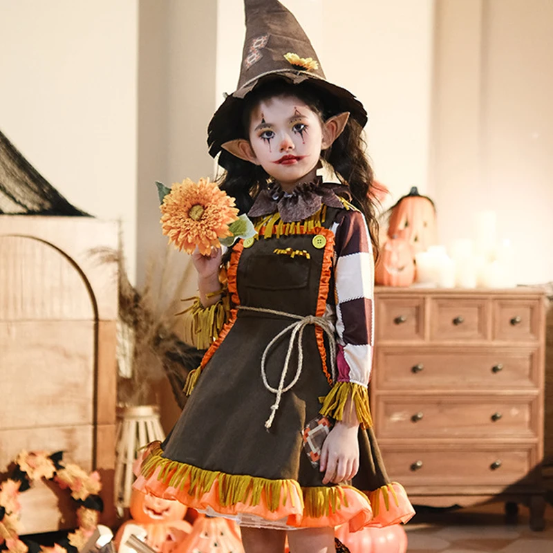 

Halloween Children's Costume Cosplay Pumpkin Scarecrow Pastoral Costume Girls Dress Hunter Robin Hood Farm