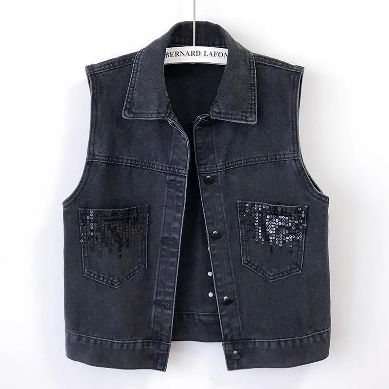 Fashion Sequined Large Size Denim Women's Vest Jacket Korean Version Sister Spring Autumn Short Waistcoat Buttons Pockets Top