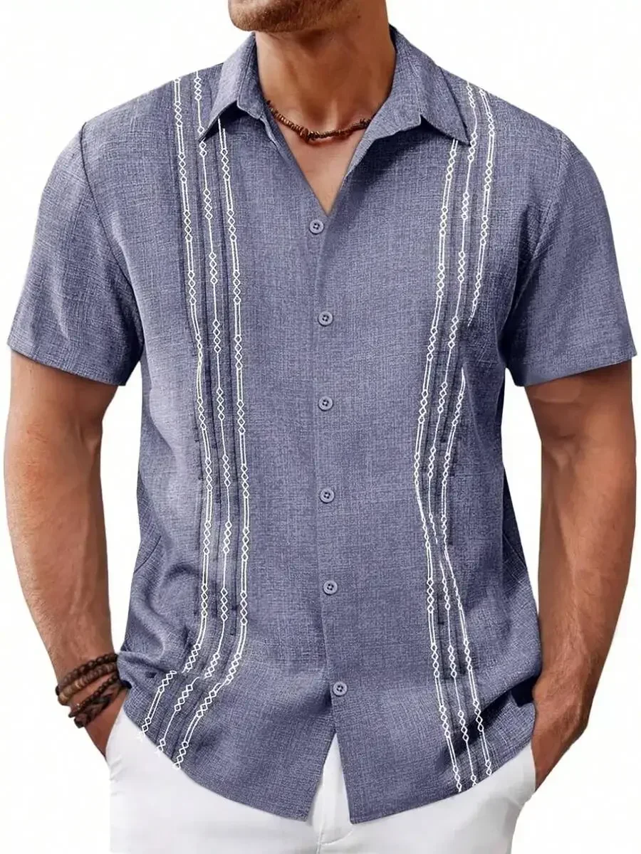 

Mens Short Sleeve Button Up Shirt Casual Embroidered Linen Blend Summer Beach Wedding
