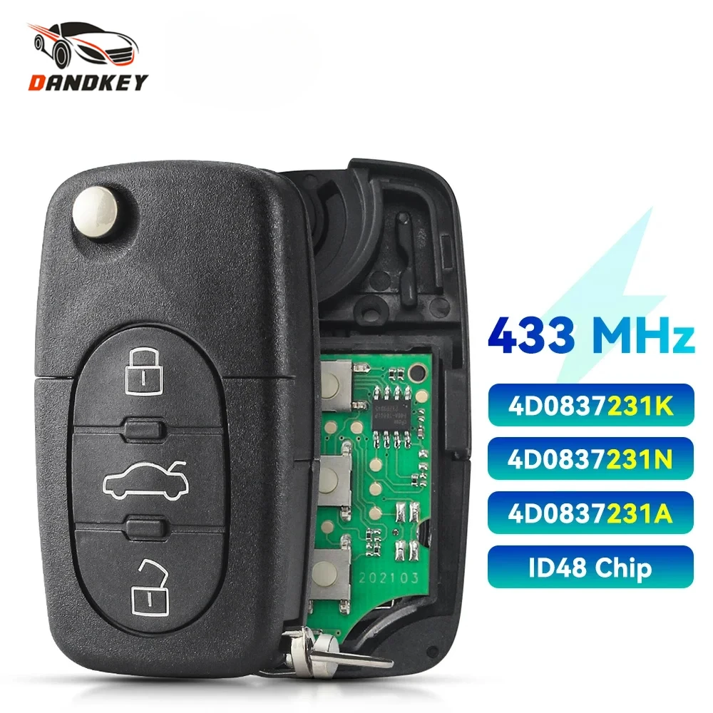 Dandkey 1PCS 4D0837231A 4D0837231K Remote Key Fob For Audi A3 A4 A6 A8 TT RS4 Quattro 1994 - 2004 433Mhz ID48 Chip Car Key