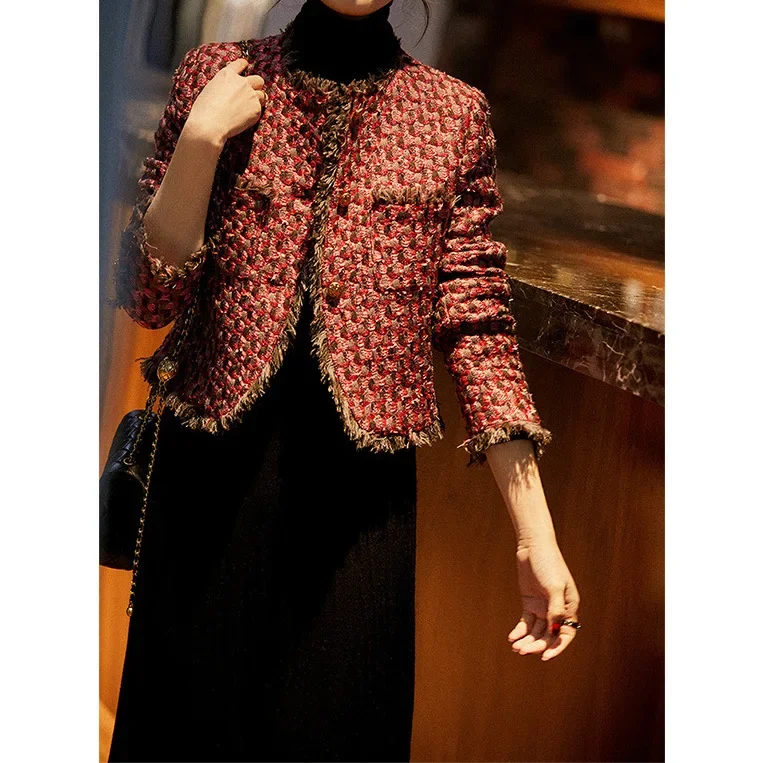 Tweed Jacket for Women, Heavy Handwork, Premium Wool, Woven Tweed, Thousand Birds Plaid, Short Coat, Autumn and Winter