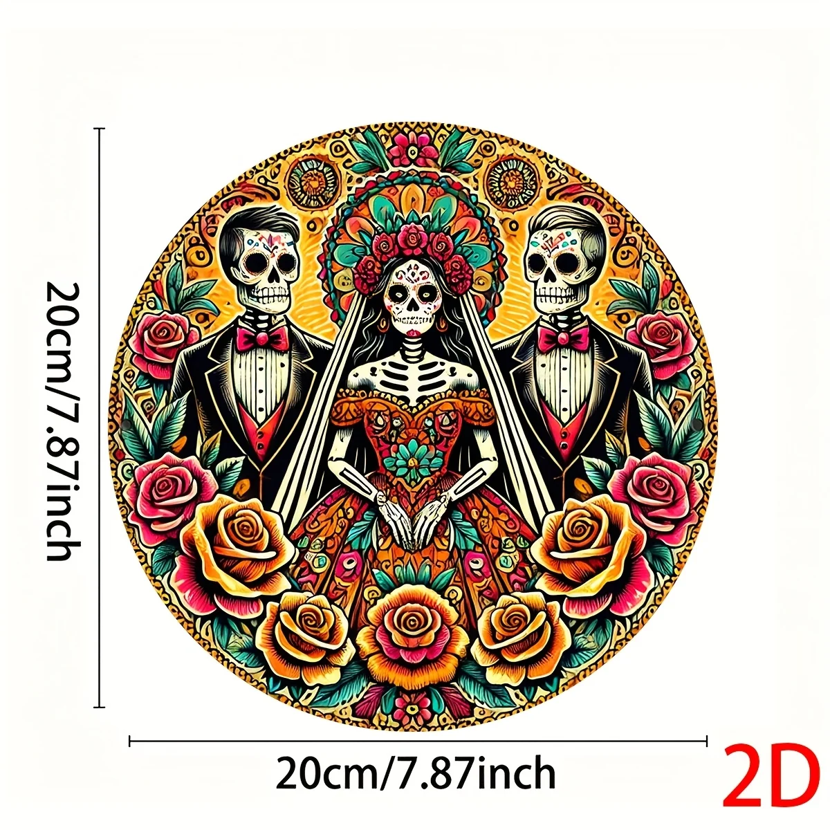 علامة خشبية دائرية مسطحة ثنائية الأبعاد: هيكل عظمي يوم الموتى للعروس والعريس، قلادة خشبية قديمة، ديكور يوم الموتى
