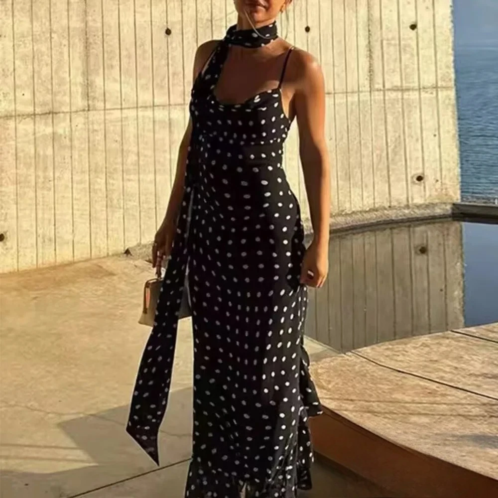KONDALA エレガントな秋の水玉模様キャミワンピース レディース ラッフルヘム スカーフ付きロングワンピース 最新ファッション 夏 カジュアル ビーチ ホリデー 女性用ドレス