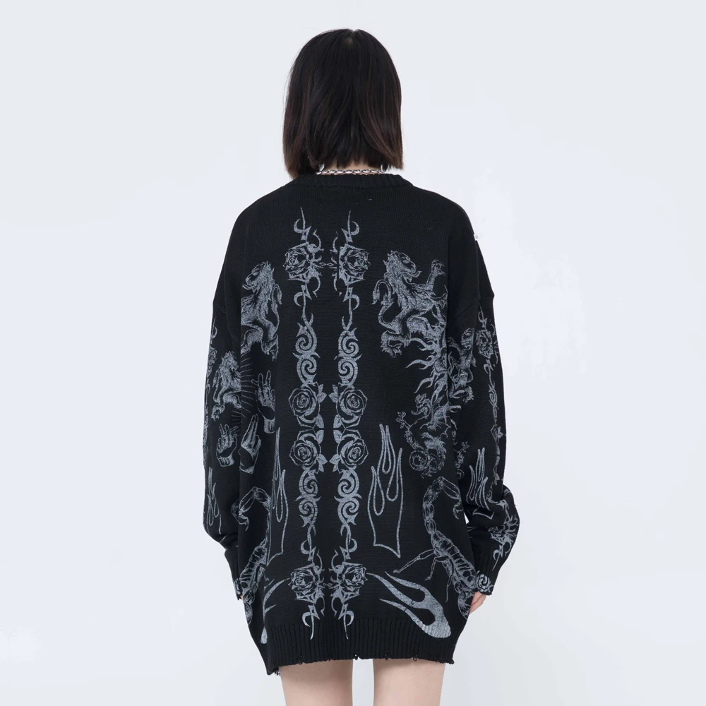 Skulls Print Oversized Sweater Frayed Goth Women Men Clothes Y2k Sweaters Knitted Pullovers Streetwear Harajuku Long Sleeve Tops