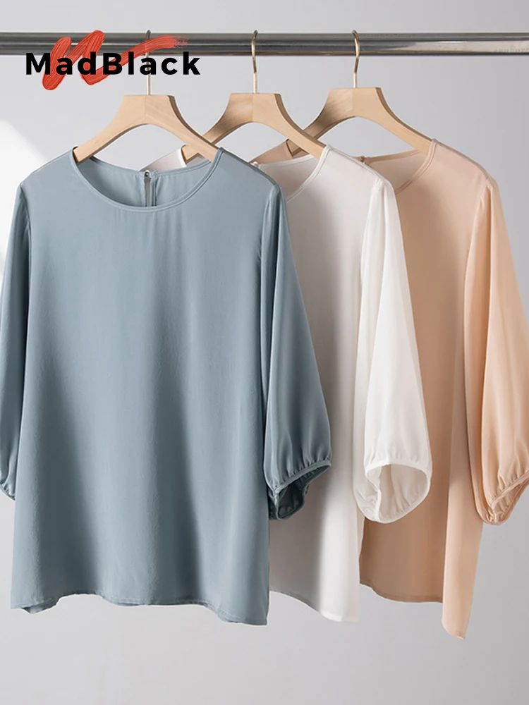 

MadBlack-100%Real Silk Sand Washing Elegant T-Shirt, Lantern Sleeve Solid, Women Basic Casual Loose Tops, 2026 Summer T64317CC