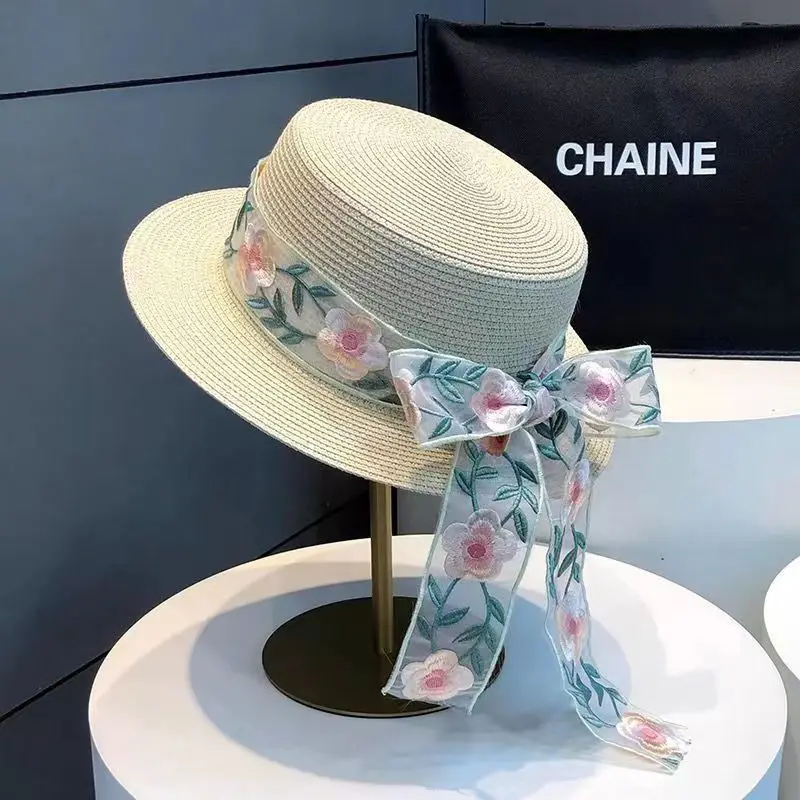 Women floral straw hat beach hat French bow straw fedora hat flat top hat sun hat solid Flat bucket hat basin hat summer caps