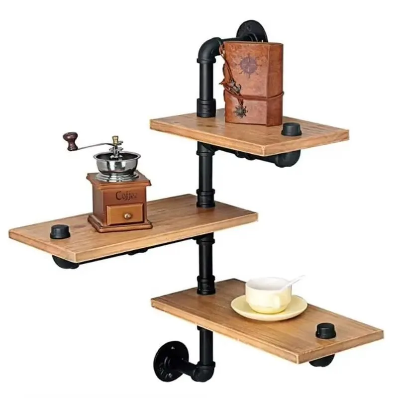Industrial Iron Pipe Floating Shelf Wall Mounted Wooden Bookshelf DIY Storage Rack