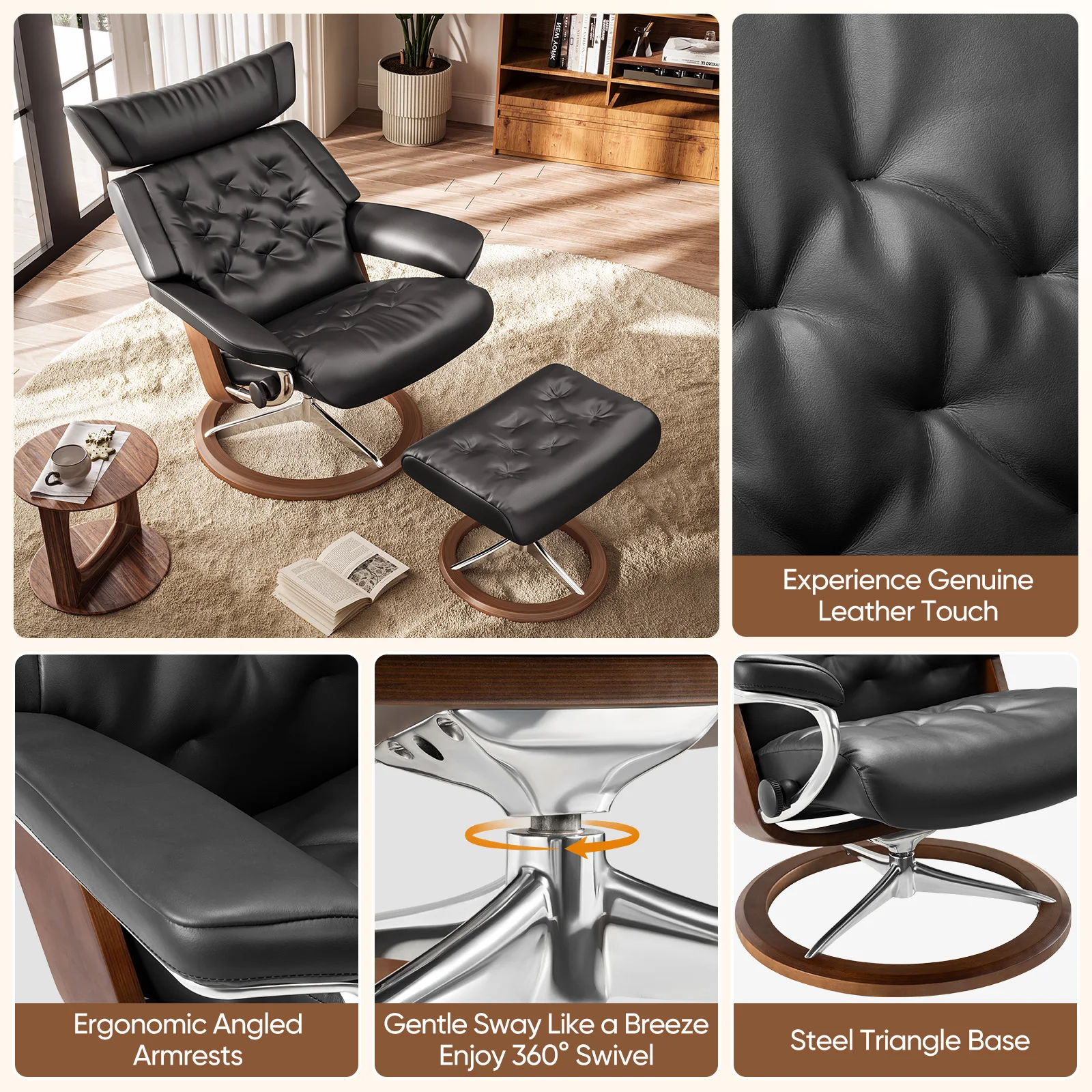 كرسي دوار خلفي قابل للتعديل مع كراسي استرخاء من الجلد الطبيعي المريح والعثماني لغرفة النوم وغرفة المعيشة