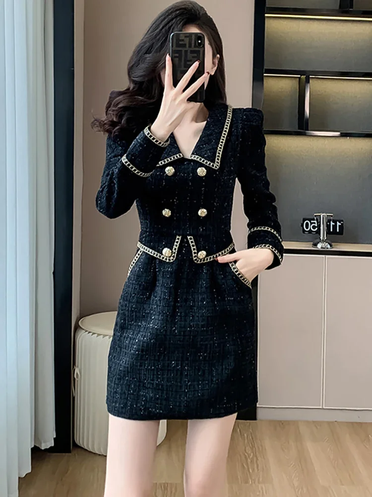 

2024 New Black Tweed Thick Warm Mini Dress Autumn Winter Long Sleeve Polo Collar Shirt Dress Women Korean Vintage Hepburn Dress