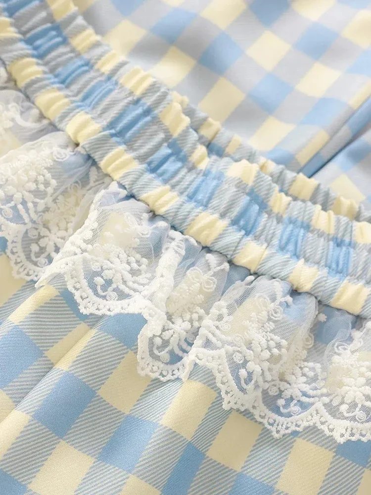 

Милые кружевные клетчатые брюки женские лоскутные свободные широкие брюки с высокой талией японские повседневные женские винтажные милые весенние новые брюки