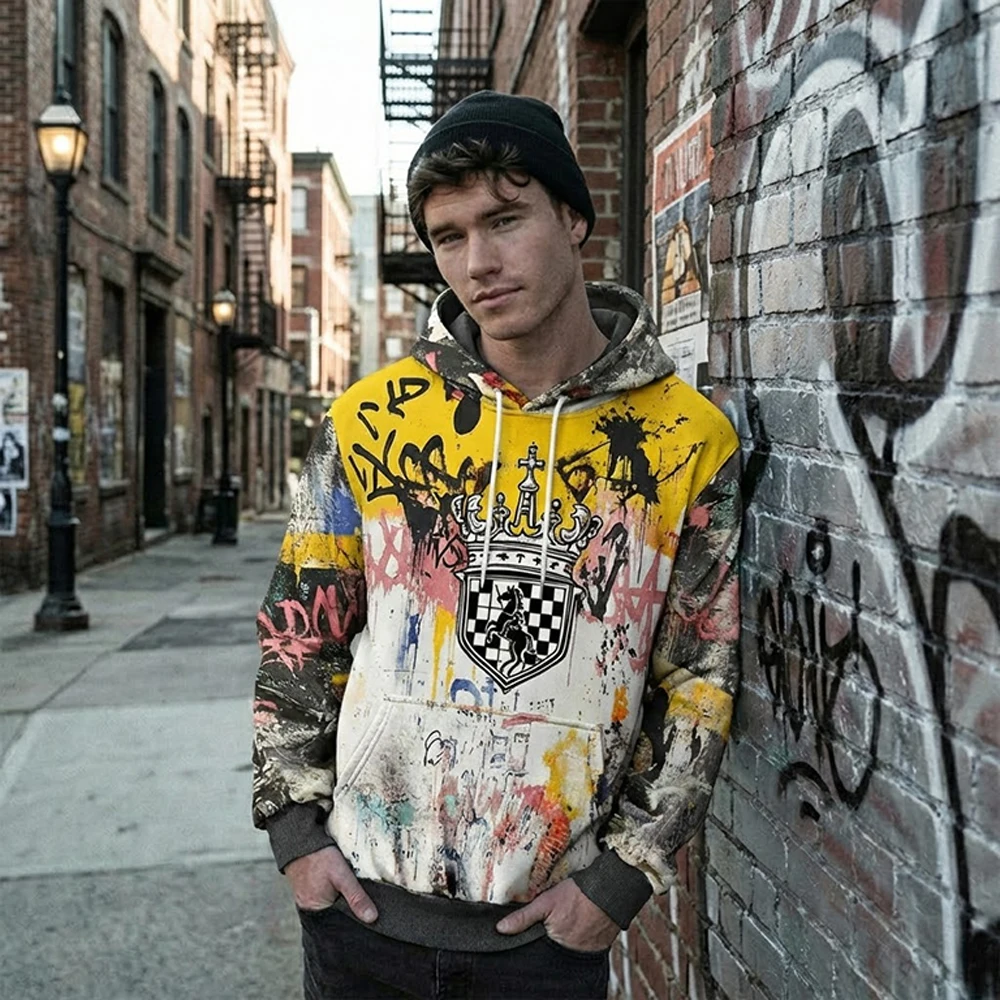 

2026 New Crown Graffiti 3D Print Hoodie Spring Autumn Street Retro Punk Style Pullover WIFRU Men's Loose Fit Fashion Hip Hoo Top