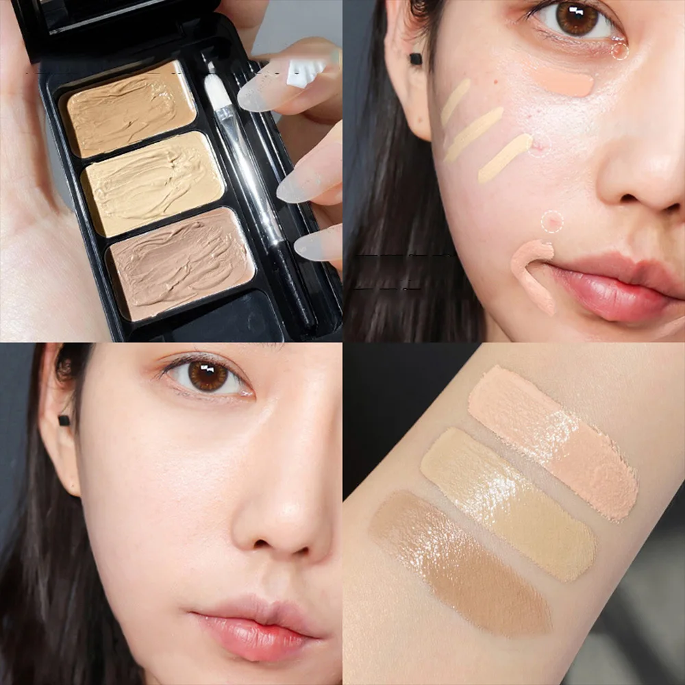 Corretivo de três cores de contorno natural para marcas de acne facial, manchas, sulcos rasgos, corretivo, iluminador