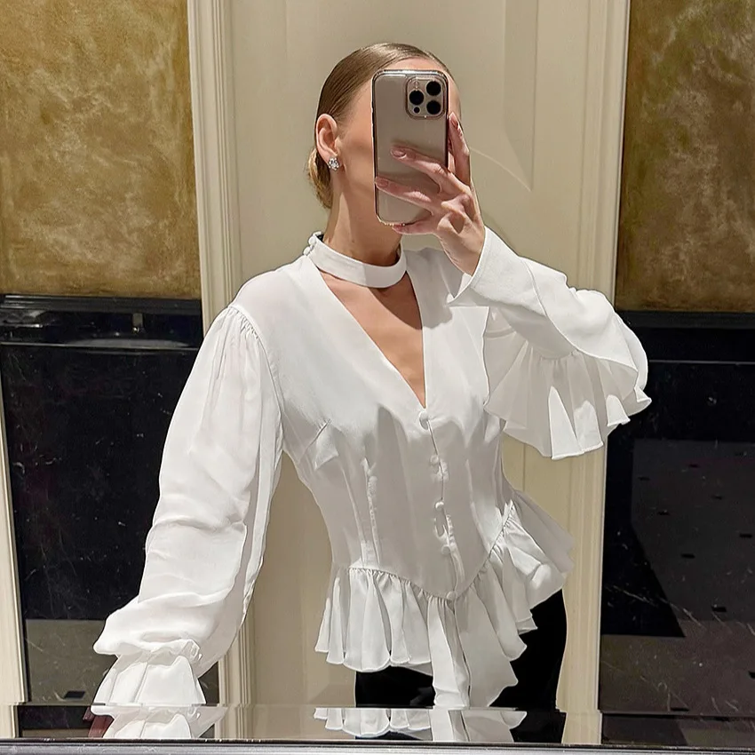 

Women's White Elegant Blouse Shirt Keyhole Cutout Stand Collar Long Puff Bell Sleeves Button-Front Peplum Hem Chic Formal Tops