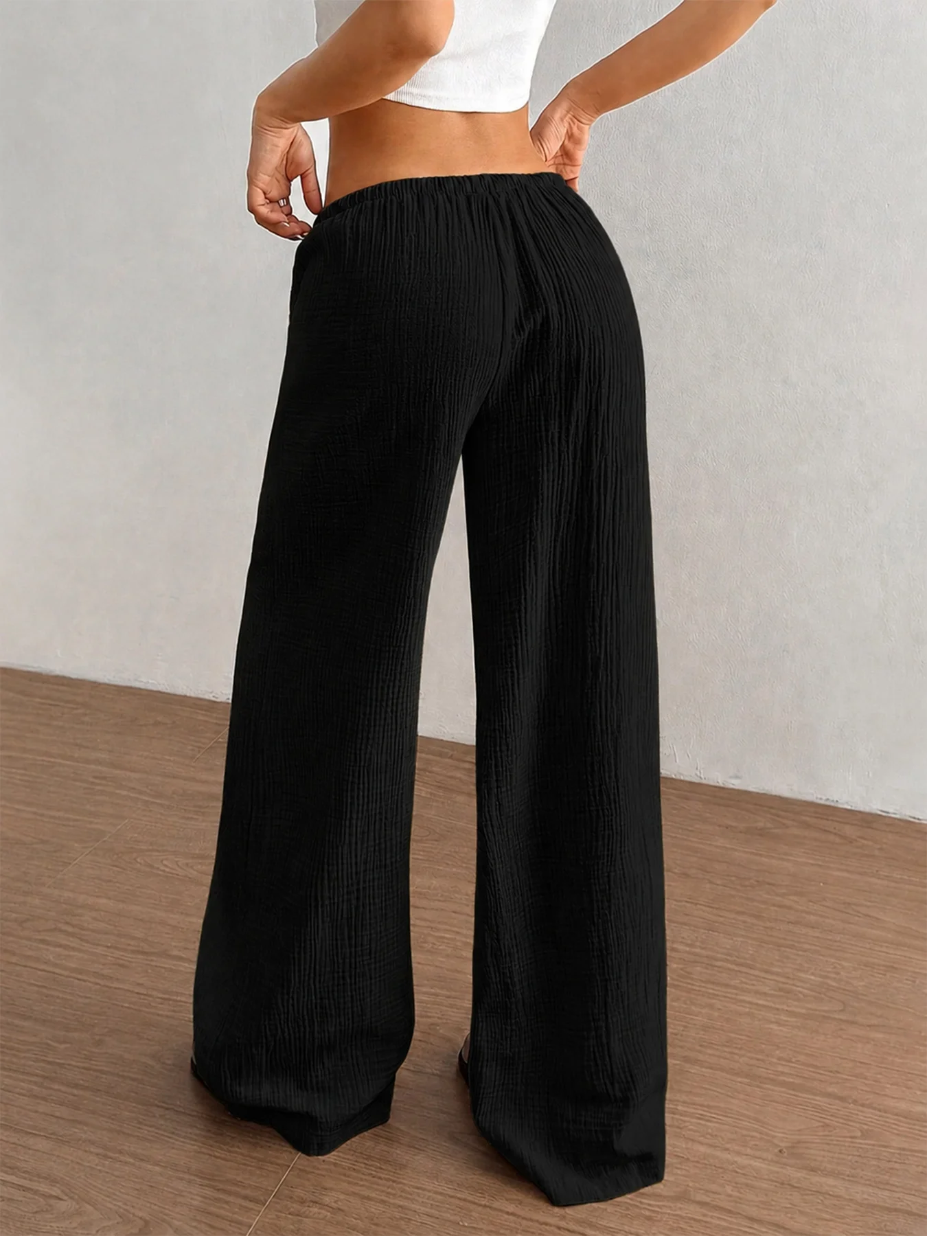 Women Crinkle Textured Wide Leg Pants Elastic Waist Loose Casual Lounge Trousers Soft Yoga Beach Vacation Flowy Pants