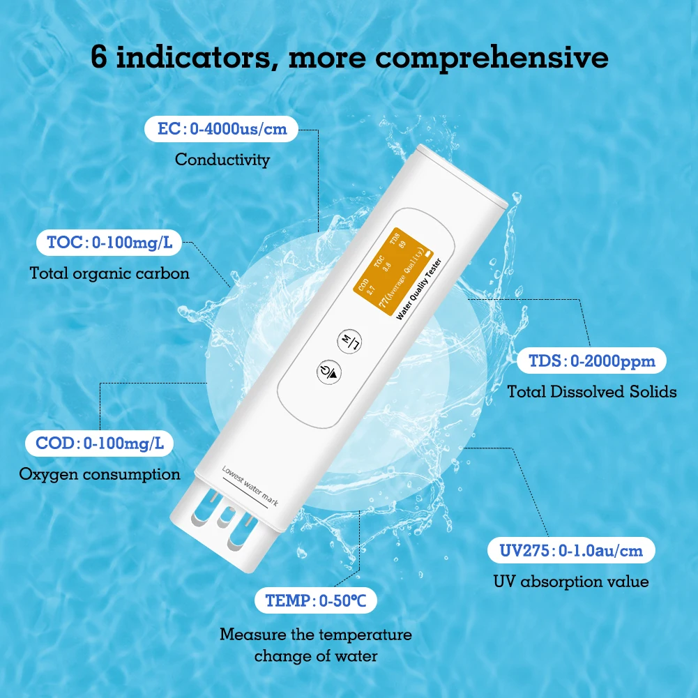 Digital 6 in 1 TDS EC Water Quality Meter TOC UV275 COD TEMP Tester Detector Drinking Water Quality Analyzer for Lab Aquariums