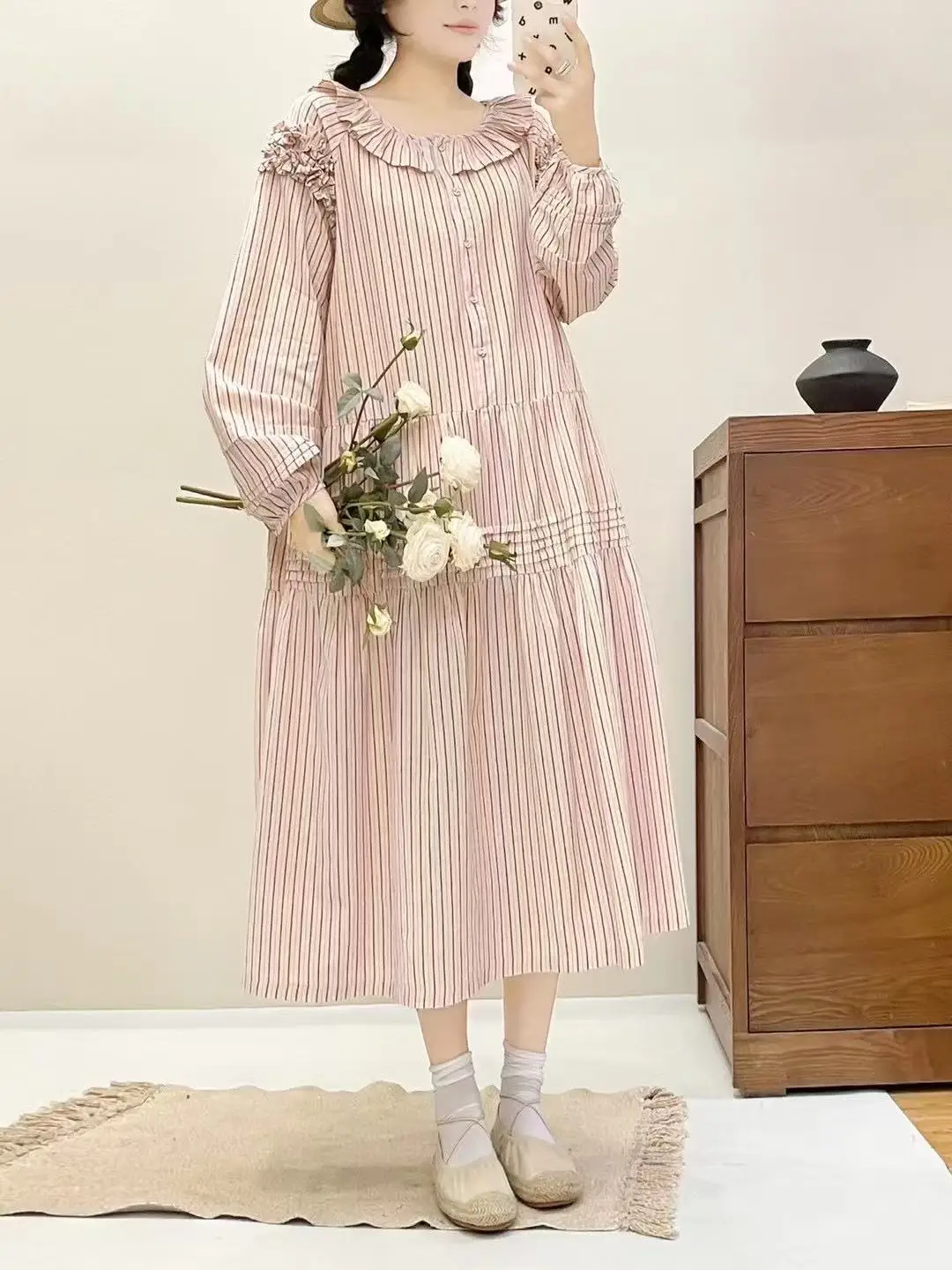 New Spring Cotton Long Sleeve Dresses, Women O Neck Ruffles Striped, Mori Girl Vintage Japan Style Loose Dress, 2025 D4D812CC