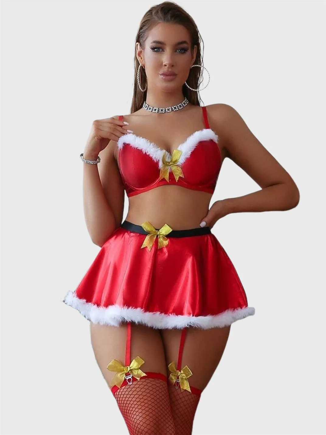 Ellolace Christmas Women's Lingerie Sets Cute Plush Bra Thong Skirt 3PC Set Fishnet Stockings Golden Bowknot Cosplay Costume