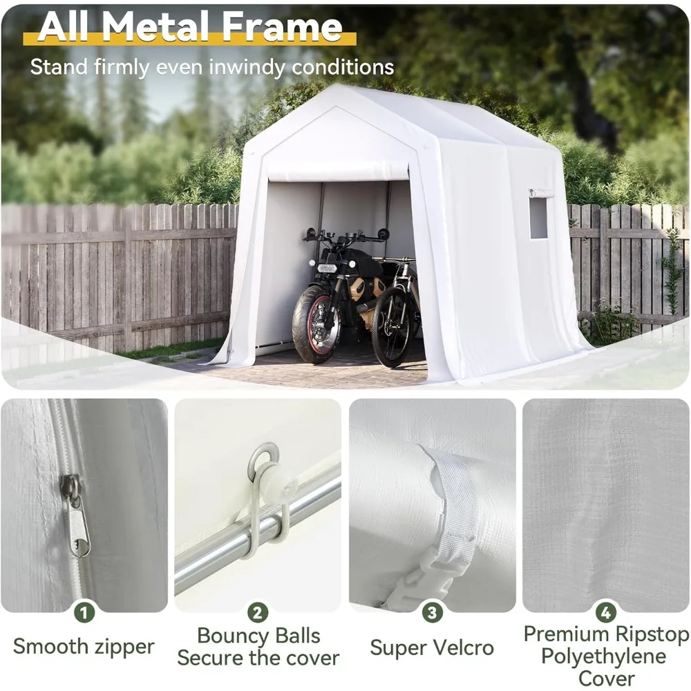 Przenośny namiot magazynowy na zewnątrz z rolowanymi drzwiami i oknem, wodoodporny carport, rama ze stali ocynkowanej, 6x8x7 stóp