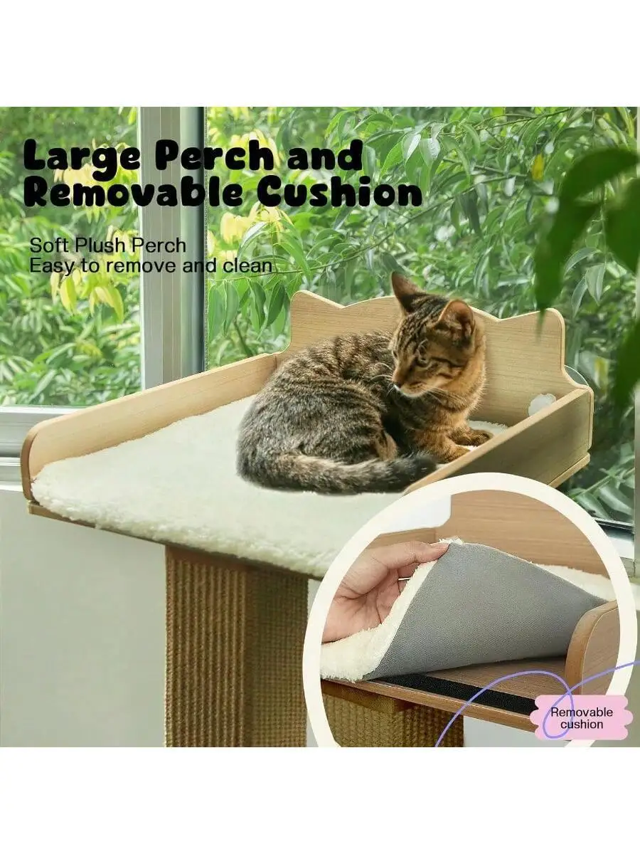 Adjustable Tall Cat Window Perch With Sisal Scratching Post And Removable Plush Cushion
