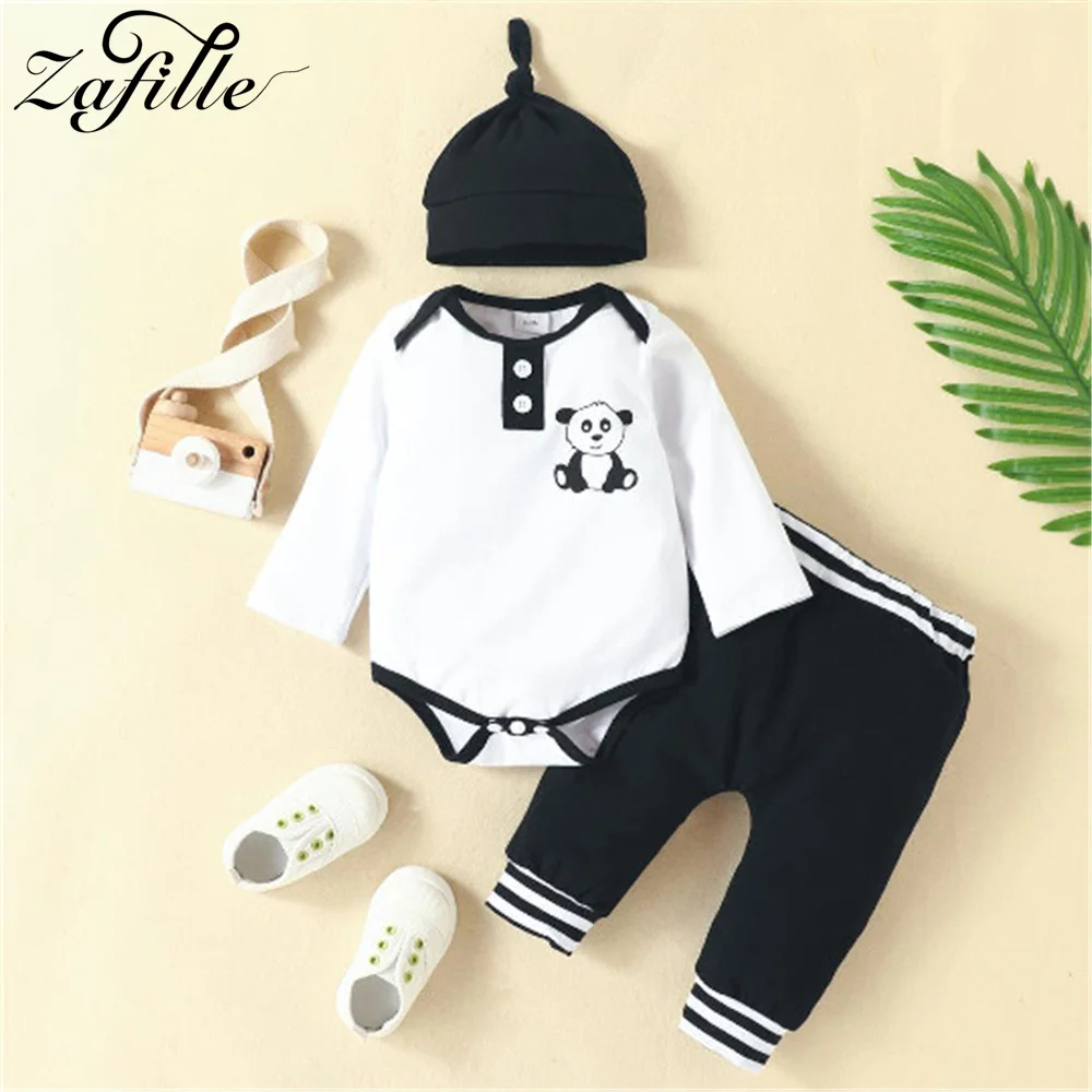 

ZAFILLE Autumn Winter Baby Boy Clothes Set Panda Printed Bodysuit+Pants With Hat Cute Kids Newborn Clothing 3Pcs Girls Sleepwear