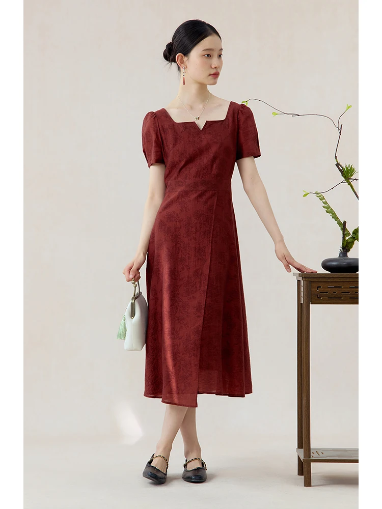 ZIQIAO Retro Red Elegant Square Collar Ladies Long Dress 2024 Summer New Casual Romantic Slim Classic Long Women Dress 24ZQ92166