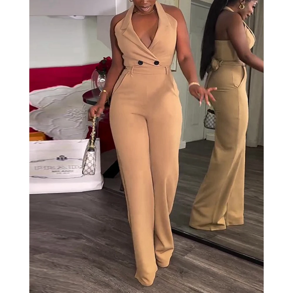 Women Elegant Sleeveless Halter Backless Deep V-Neck Jumpsuits Lady Summer Wide Leg Work One-Piece Jumpsuit Workwear Outfit