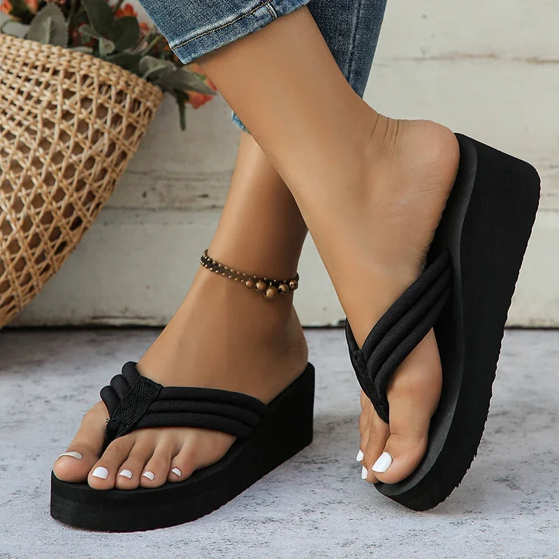 Clip Toe Platform Slippers for Women Solid Color Lightweight Wedges Flip Flops Woman Thick Bottom Non-Slip Slides Beach Shoes image 4