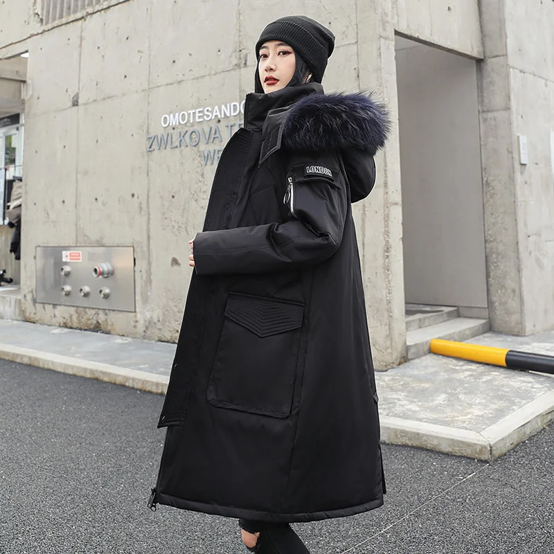 Korean Style Winter Long Parka Coat Men Woman Down Jacket Clothing Hooded Fur Collar Thicken Warm Leisure Lovers Overcoat Unisex