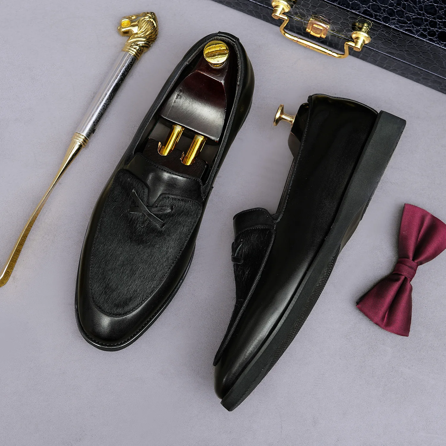 Genuine Leather Loafers Slip On Men's Shoes Mixed Horse Hair Panel Hand Crafted Welt Stitching Social Wedding Daily Casual Shoes