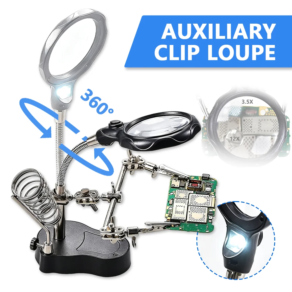 Helping Hands Soldering Iron Welding Station 3.5X 12X Magnifying Glass Adjustable Third Hand Solder Aid with 2 Alligator Clamps