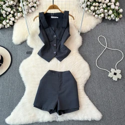 Two Piece Shorts Set Sleeveless Vest Women's Summer Cool Sassy Blazer Vest+Wide Leg Shorts High Waisted Casual Black Two-piece