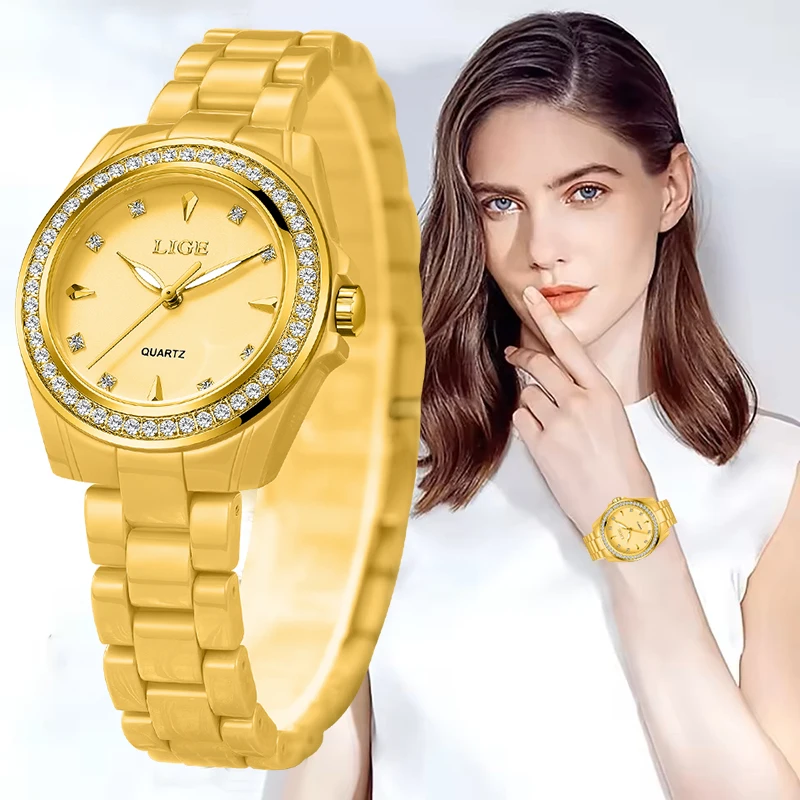 

LIGE 2026 New Gold Ceramic Watch Women Simple Elegant Ladies Waterproof Watches Fashion Diamond Quartz Wristwatches for Women
