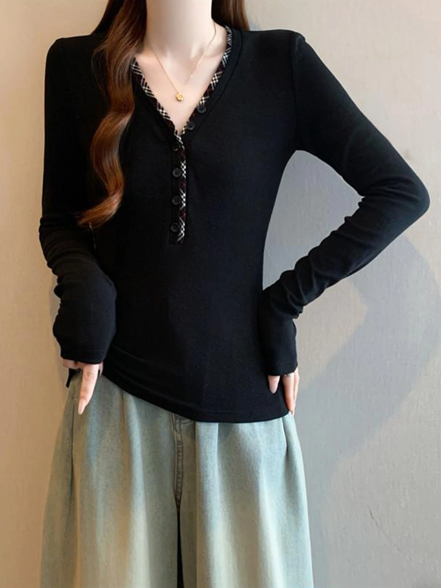 

Женская футболка с V-образным вырезом и длинным рукавом, весенняя, больших размеров, приталенная, премиум-класса, базовый слой, нижнее белье, топ