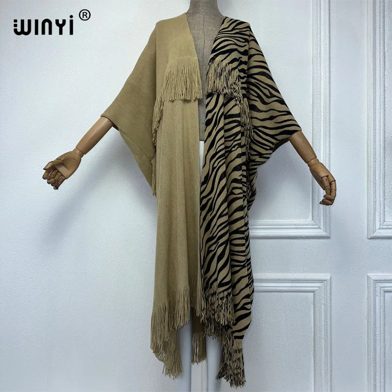 WINYI-Casaco de malha com estampa leopardo para mulheres, cardigã maxi, vestido de festa, casaco grosso quente, moda feminina, inverno