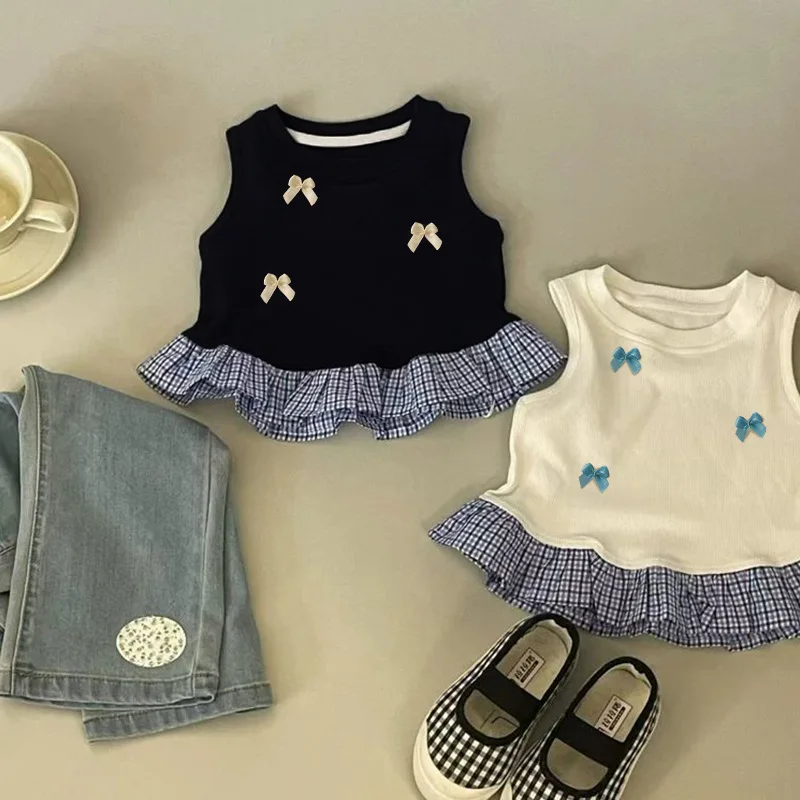 2026 Stylish Children Tank Tops Vest Girls Summer Short Sleeveless Bow-Knot Floral Lace Clothes Kids Casual Wear Cute T-Shirt