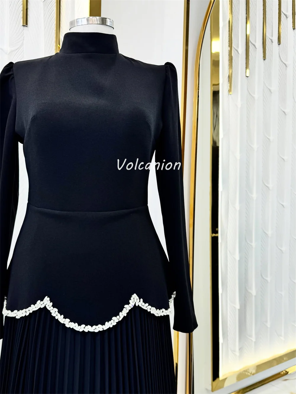 Customized Classic Matching Organza Rhinestone Ruffle Beading Draped Straight High Collar Long Dresses Bespoke Occasion Dresses