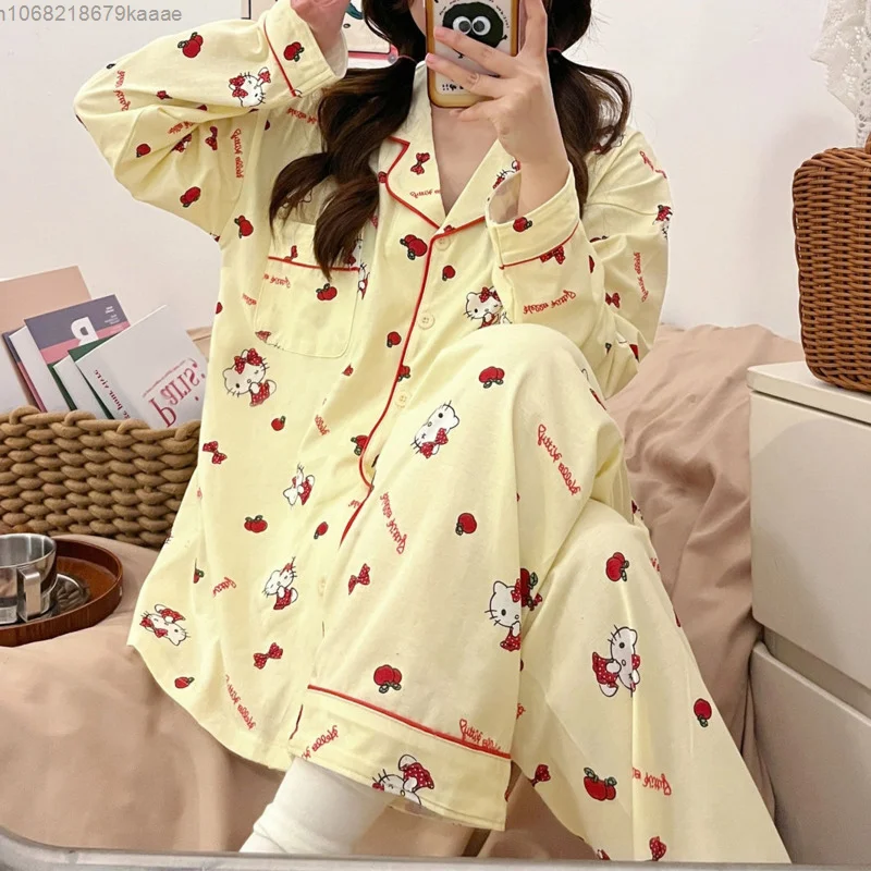 Sanrio Hello Kitty Cartoon Korean Version Cute Pajamas Women New Long Sleeved Sleepwear Y2k Sweet Girl Style Casual Home Clothes