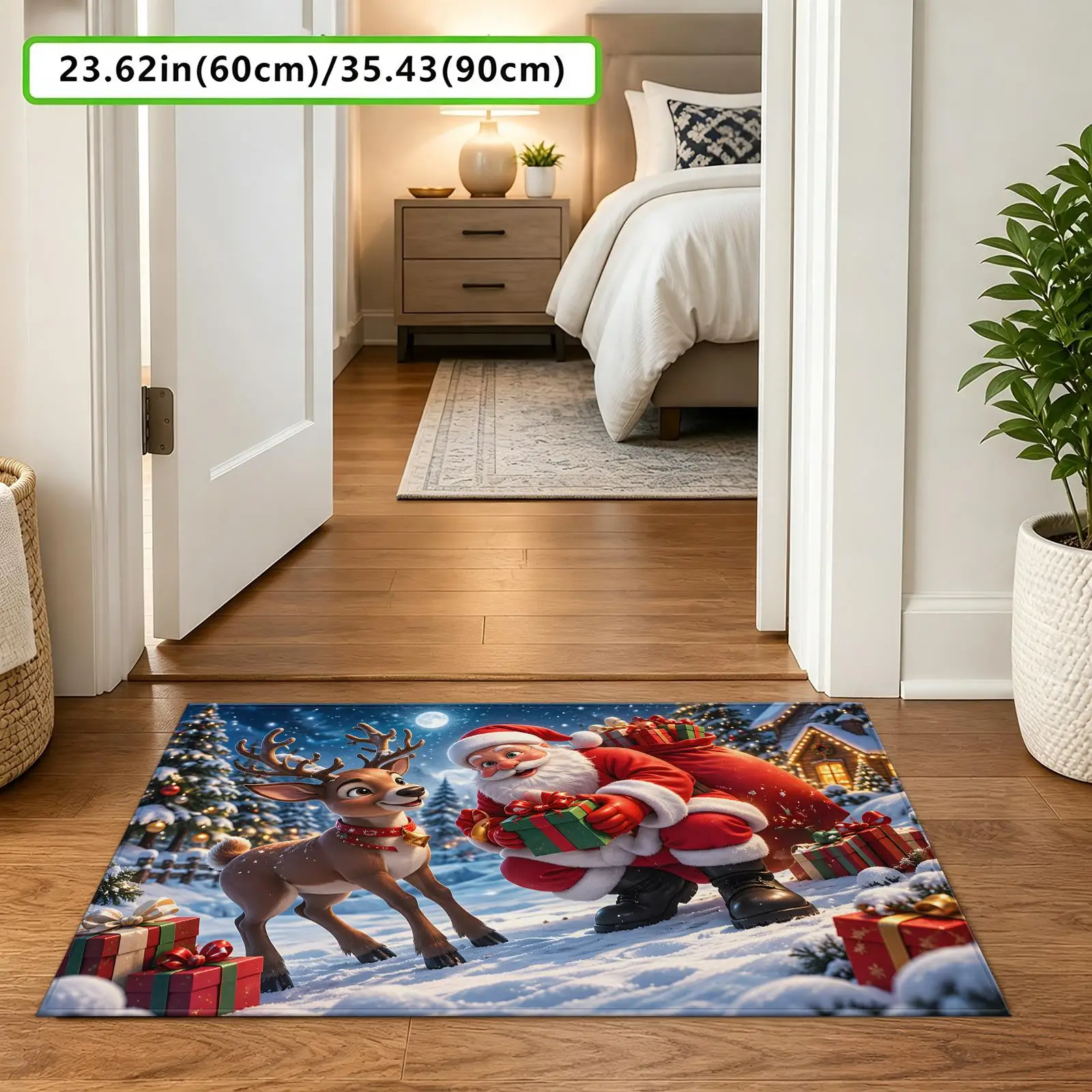 1pc 2D Flat Santa Reindeer Christmas Gift Snow Scene Printed Floor Mat, Decorative Rug for Living Room, Bedroom, Home