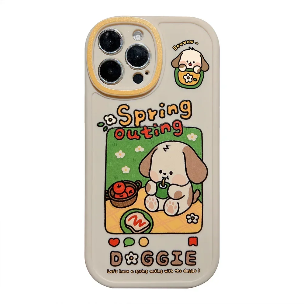 Retro spring picnic puppy dog art Kawaii Phone Case For iPhone 16 15 14 13 11 12 Pro Max 14 Plus XR Xs 15 Plus Case Cute Cover