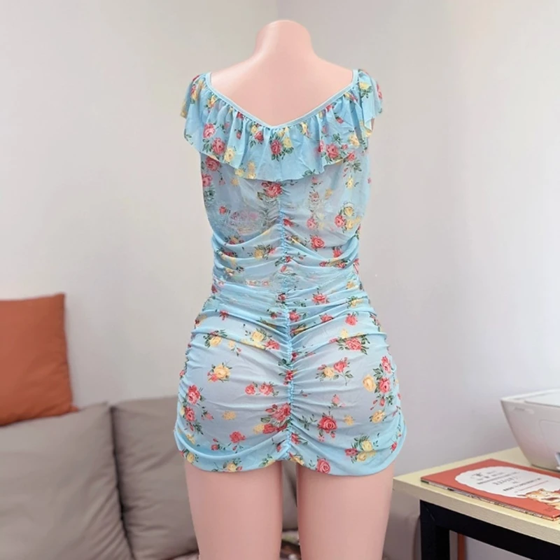 여성의 섹시한 시스루 꽃 프린트 드레스 여름 시어 바디콘 오프 숄더 미니 드레스 젊고 날씬한 블루 홈웨어