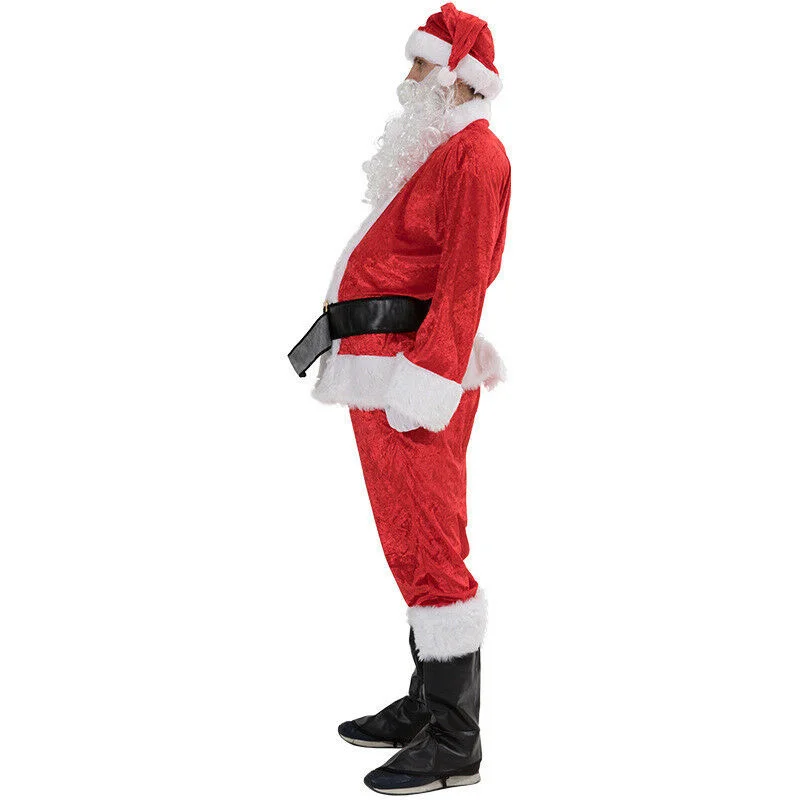 Disfraz de Papá Noel de Navidad para hombres, ropa de Papá Noel, vestido de fantasía, traje de Cosplay para adultos, caliente, 5 piezas por lote