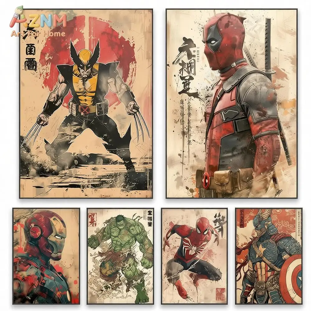 Deadpool Wolverine Art Poster Superhero Hulk Classical Japanese Style Prints Iron Man Spider Man Canvas Painting Decor