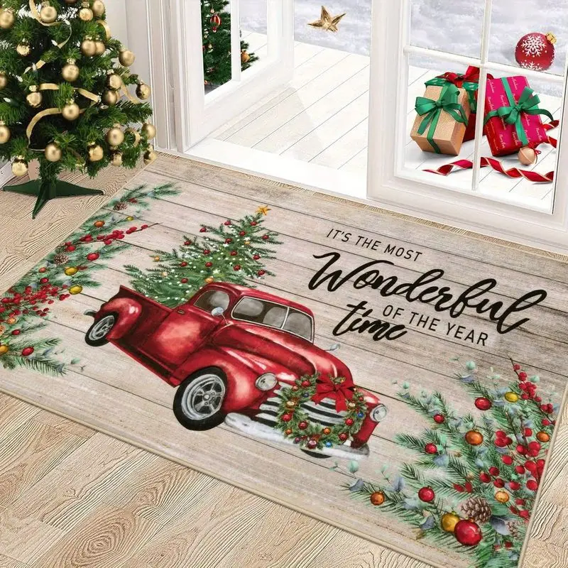 VIKAMA Christmas Red Truck Doormat Crystal Velvet Non Slip Entrance Floor Mat Soft Washable Tree Wonderful Time Entryway Rug