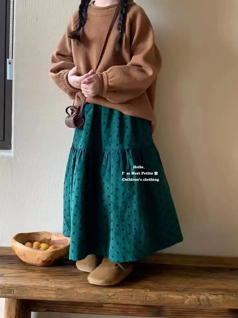 Girls Polka Dots Corduroy Skirts 2025 Autumn New Korean Fashion Kids Casual Daily All-match Long Skirt Childrens Spring Clothes