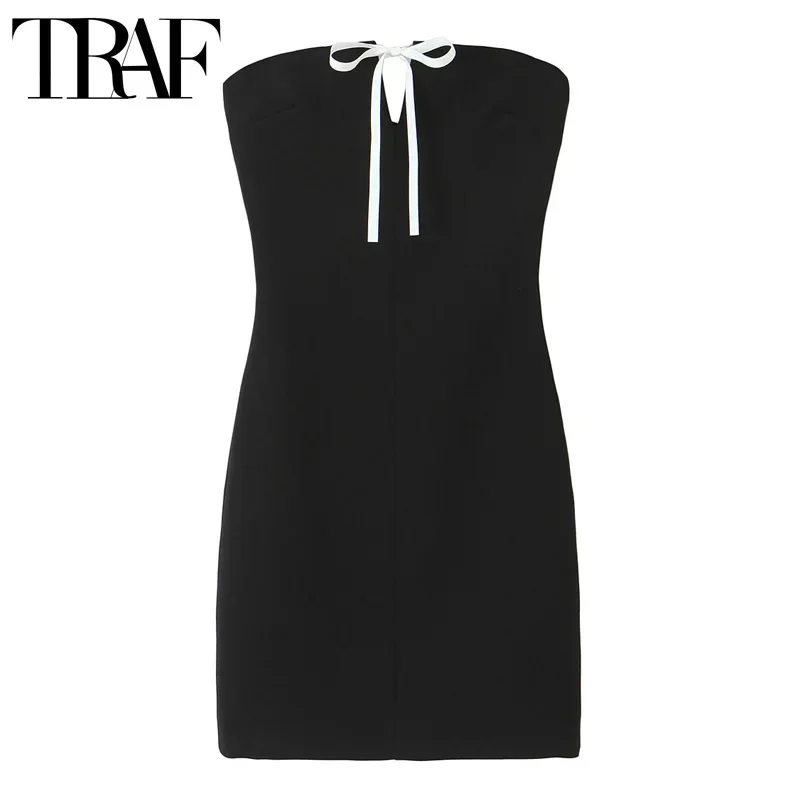 TRAF-Mini Robe Noire avec Nministériels d Découpé pour Femme, Tenue de Soirée Sexy, Dos aux, Sans Bretelles, Courte, Été