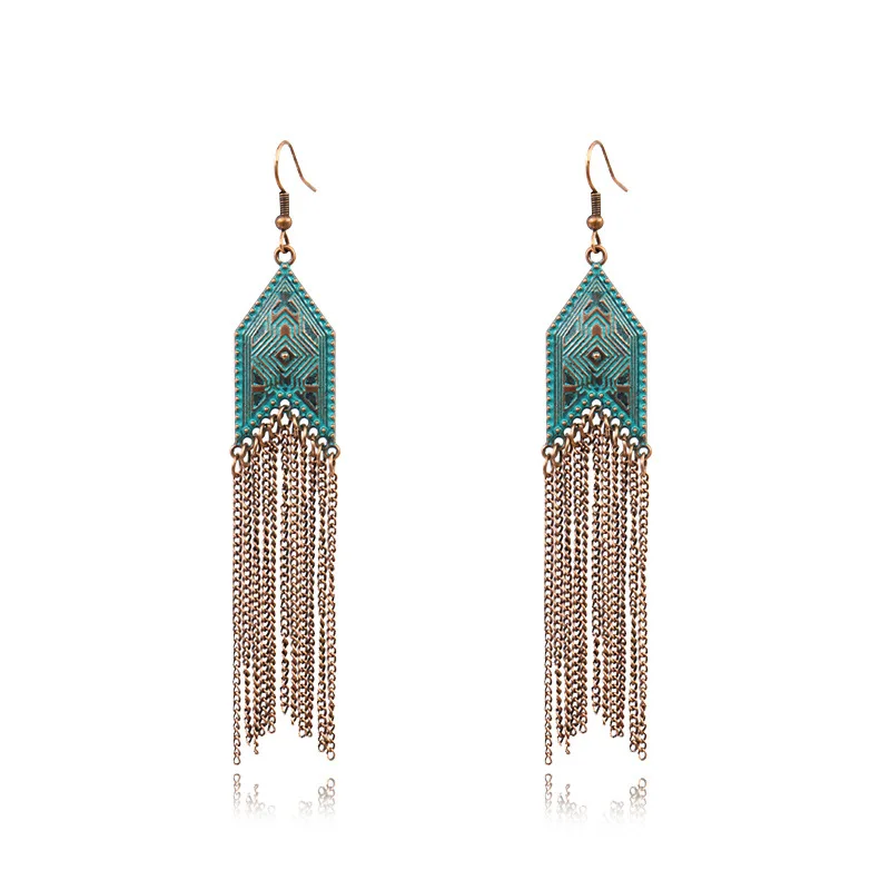 New Silver Color Chain Earrings for Women Vintage Ethnic Antique Carved Geometric Gypsy Long Earrings Indian Jhumka Jewelry Gift