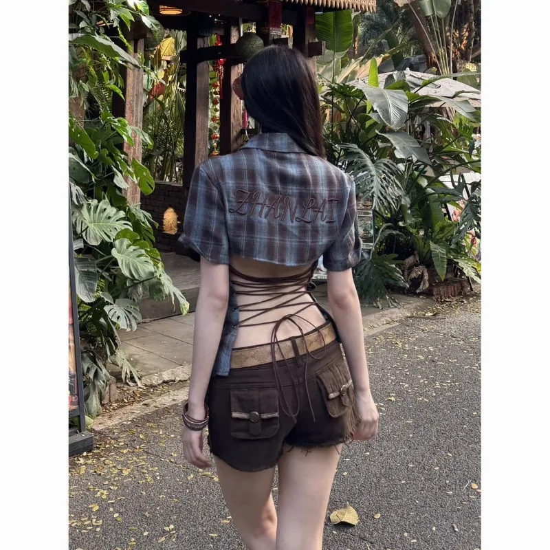 Deeptown Y2k Vintage Plaid Sexy Backless Women Shirt Detachable Sleeve American Fashion Aesthetic Blouses Slim Gyaru Summer 2025