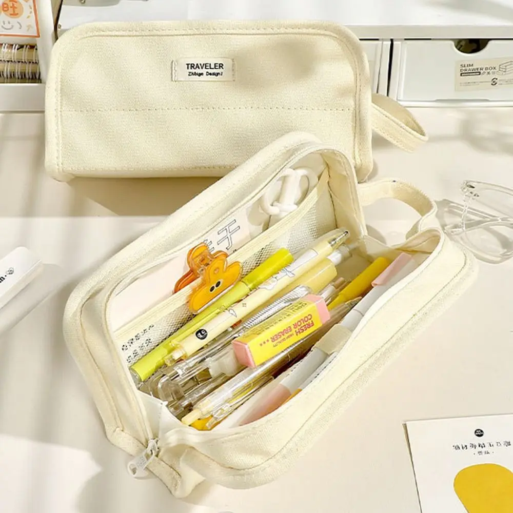Large Capacity Pen Bag Simplicity Canvas Waterproof Pencil Case Solid Color Pencil Box Student Gift