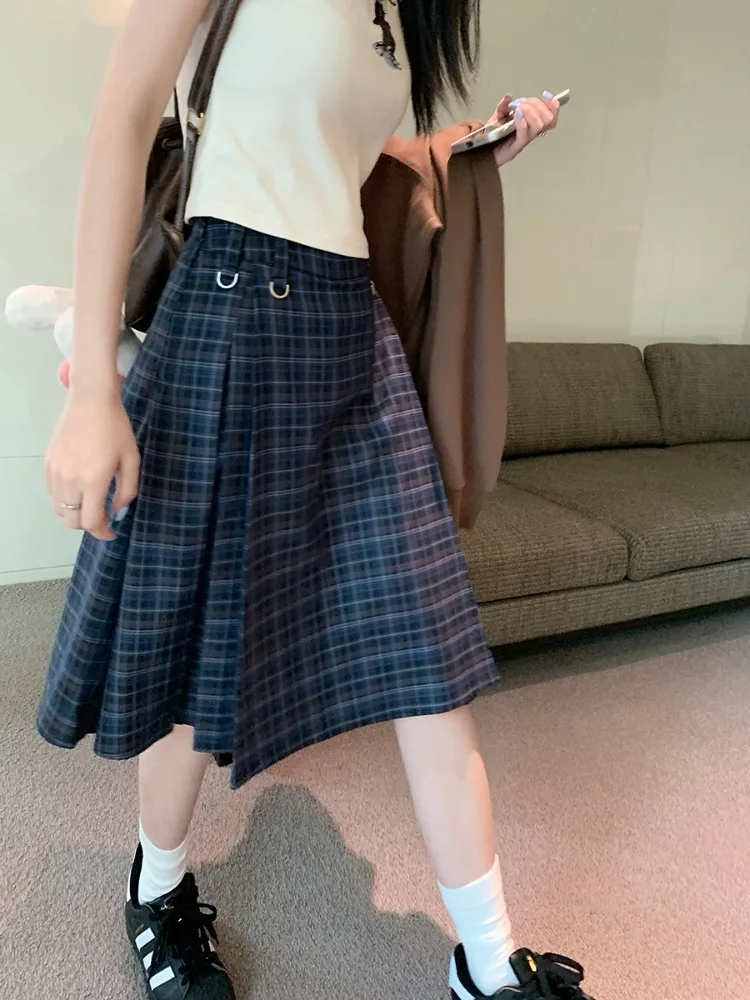 ADAgirl Vintage Plaid Midi Skirt Women American Retro Pleated A-line High Wasit Skirts Summer Fashion Uniform Aesthetics Clothes